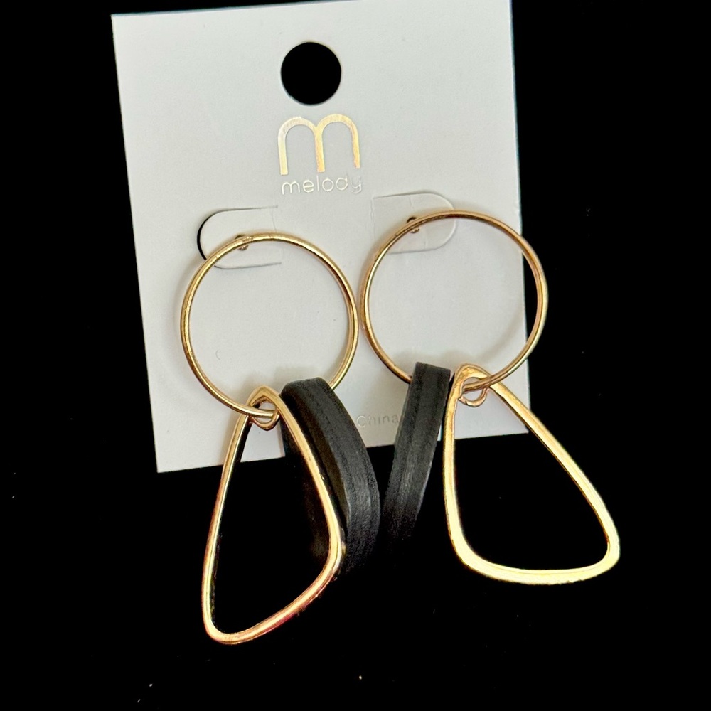 Gold & Black Geometric Dangle Earrings with Wood Accents